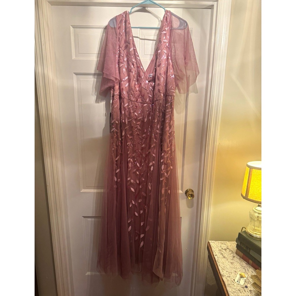 Ever-Pretty Pink Sequin Floral Mesh V-Neck Lined Long Maxi Dress Size 26